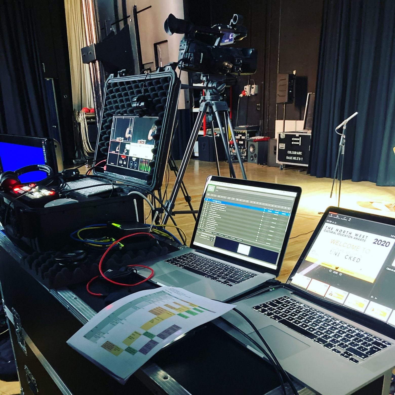 3 laptops, and multiple cameras set up to record a virtual live streamed event