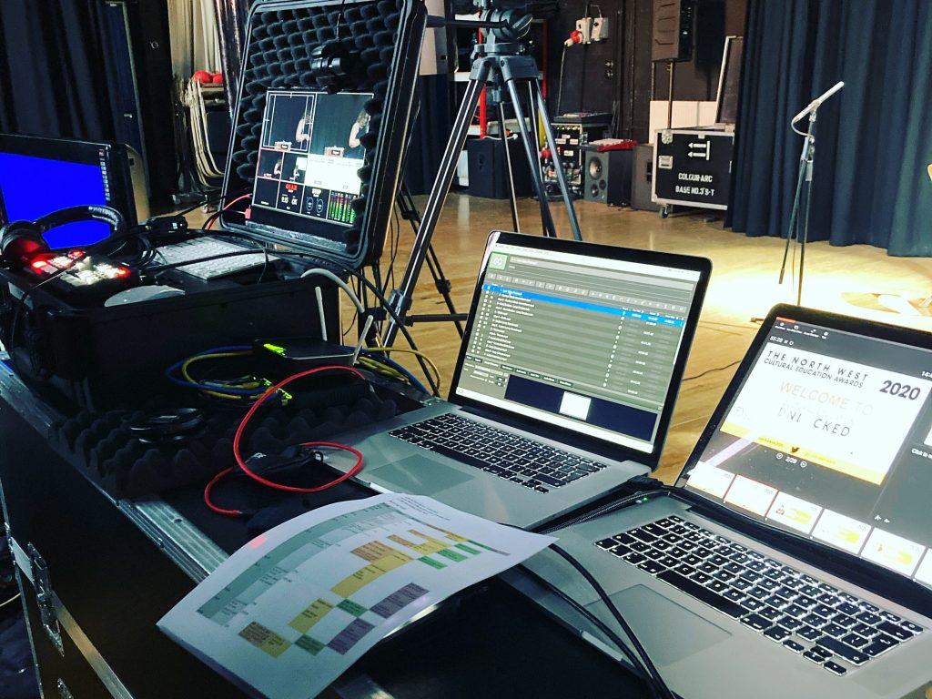 3 laptops, and multiple cameras set up to record a virtual live streamed event